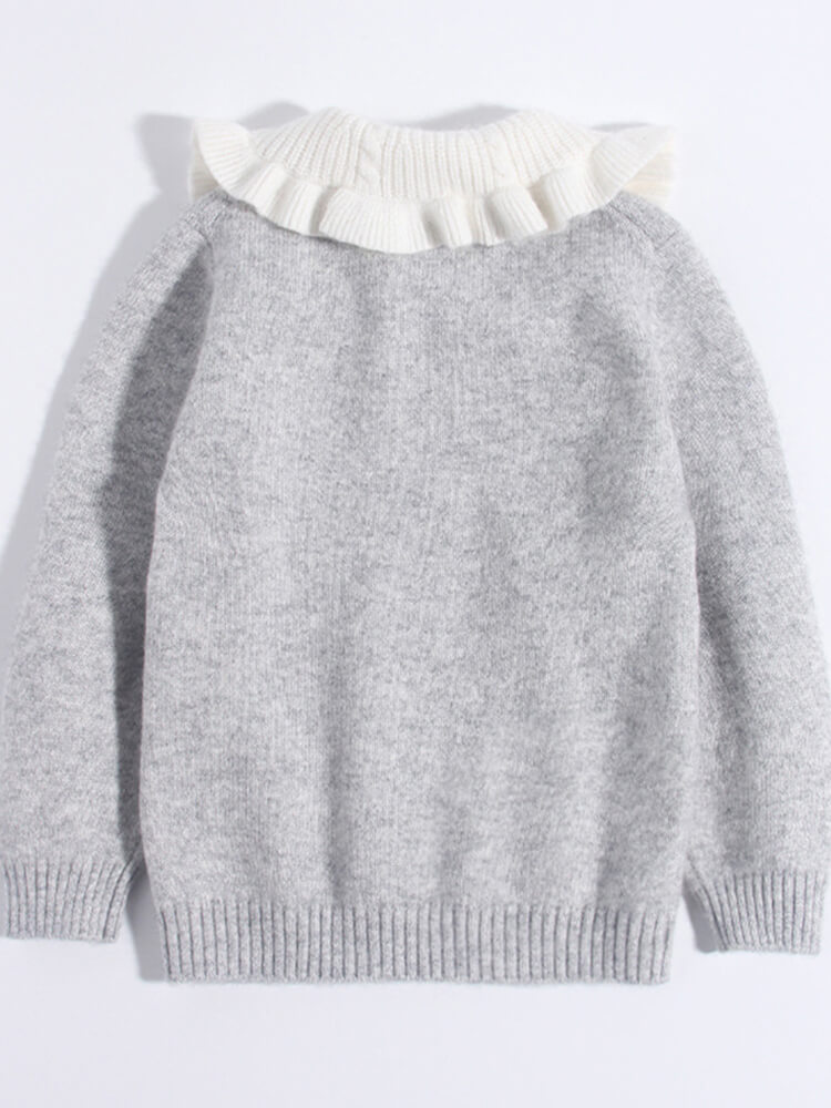 Girls Light Gray Cable Knit Cashmere Sweater with Ruffled Collar